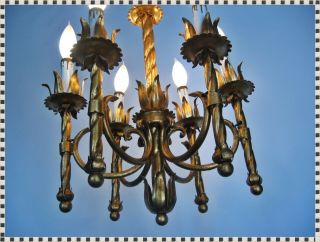 Vintage MID CENTURY Hollywood Regency 6 Light Gilt Chandelier Hanging Swag Lamp 2