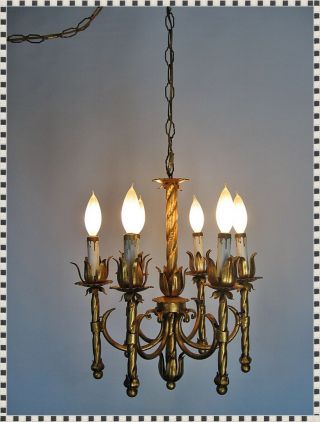 Vintage MID CENTURY Hollywood Regency 6 Light Gilt Chandelier Hanging Swag Lamp 3