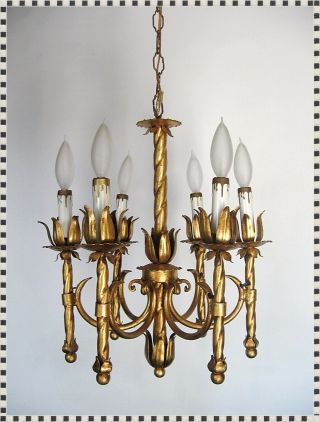 Vintage MID CENTURY Hollywood Regency 6 Light Gilt Chandelier Hanging Swag Lamp 5