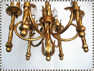 Vintage MID CENTURY Hollywood Regency 6 Light Gilt Chandelier Hanging Swag Lamp 6