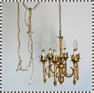 Vintage MID CENTURY Hollywood Regency 6 Light Gilt Chandelier Hanging Swag Lamp 8