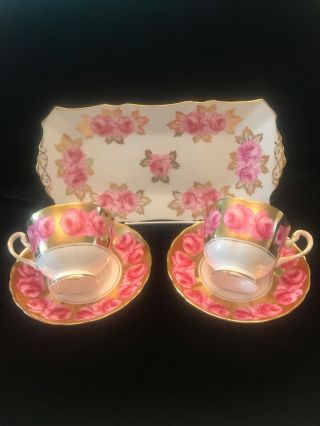 Vintage 5 Piece Set Of Royal Chelsea French Cabbage Roses Teacups Saucers & Dish
