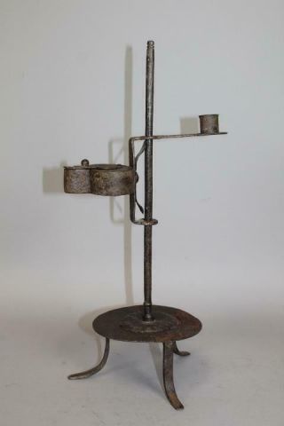 Very Rare 18th C Wrought Iron Adjustable Table Top Betty Lamp In Old Surface