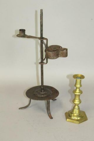 VERY RARE 18TH C WROUGHT IRON ADJUSTABLE TABLE TOP BETTY LAMP IN OLD SURFACE 2