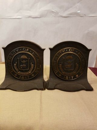 Antique / Vtg.  Solid Brass University Of Michigan 1817 Bookends