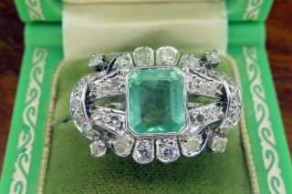 Vintage Palladium Art Deco Colombian 2.  75 Ct.  Emerald Diamond Filigree Ring