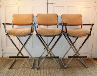 Set Of 3 Vintage Chrome X Base Stools In The Manner Of Cleo Baldon