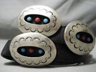 Magnificent Vintage Navajo Turquoise Coral Sterling Silver Concho Belt Old