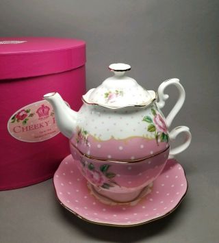 Royal Albert Vintage Cheeky Pink Tea For One 3 Piece Set - Tea Cup Saucer Teapot