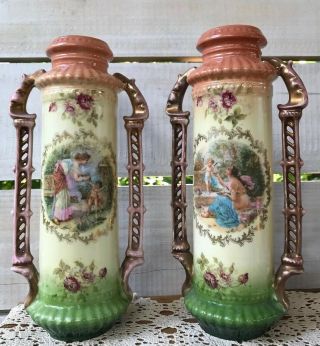 Vintage Pair Victorian Vases Reticulated Twin Handles Roses Child Cherubs Women