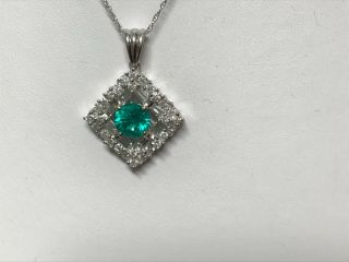 Vintage 2.  75 Carats Emerald & Diamond 18k White Gold Pendant 20” Necklace