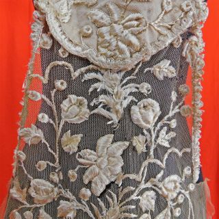 Edwardian Cream Net Silk Embroidered Lace Front Top Dickey Dress Fabric Trim Vtg 2