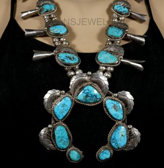 25 " Solid Old Pawn Vintage Navajo Sterling Turquoise Squash Blossom Necklace