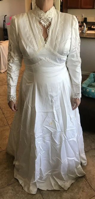 Rare Vintage Jessica Mcclintock White Satin Victorian Style Wedding Dress Size16