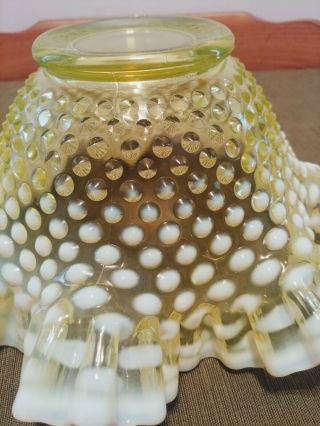 Vintage Fenton Yellow Topaz Vaseline Ruffled Edge Bowl Hobnail Opalescent 10in 4