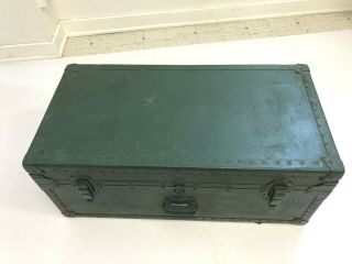 Vintage WOOD FOOT LOCKER w Tray military US army trunk chest Green coffee table 2