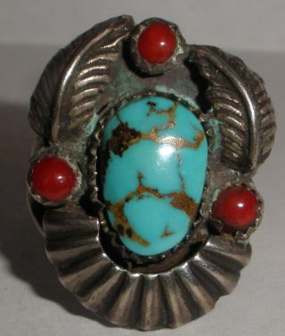 Old Pawn Vintage Navajo Sterling Silver Turquoise Coral Ring Size 6