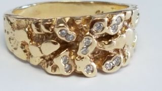 Vintage Solid 14k Gold Natural Diamonds Nugget Band / Ring,  Size 12