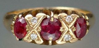 Eye Catching Antique Victorian 18k Gold Ruby Diamond Hugs & Kisses Ring Size 5.  5