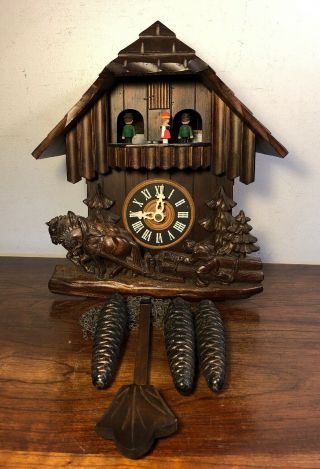 Vintage Horses Hauling Wood Musical German Cuckoo Clock Regula Black Forest