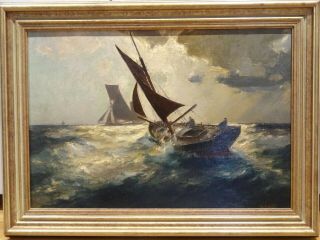 Large Early 20th Century Impressionist Ship Sailing Coastal Sunset Seascape