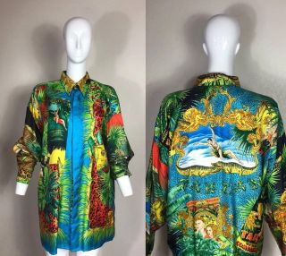 Rare Vtg Gianni Versace Tarzan Jungle Print Silk Shirt Sz S 46