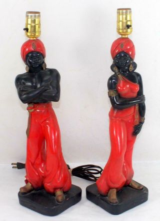 Vintage Set Of Blackamoor Nubian Genie Man & Woman Chalkware Table Lamps
