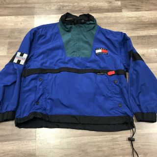 Vtg Tommy Hilfiger Athletic Gear Windbreaker Jacket Pullover Zip Blue Green Sz L