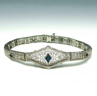 Vintage Art Deco 14k White Gold Blue Sapphire 6 " Pierced Filigree Bracelet 7.  7g