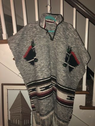 Vtg Ethnic Wool Blend Horse Blanket Navajo Primitive Jacket Poncho Cape 1sz