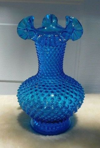 Vtg Fenton Glass Colonial Blue Hobnail Vase W Ruffled Edge 10 1/2” Tall