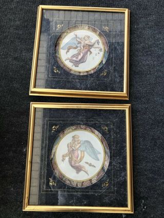 Vintage Pair Angels Art Mixed Media Titled “evening And Morning” Gilt Frames