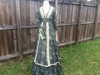 Vintage 70s GUNNE SAX Teal Blue Floral Romantic Victorian Festival Maxi Dress 7 2
