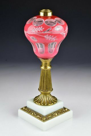 Boston Sandwich Glass Pink & White Double Cut Overlay Oil Lamp 19th Century