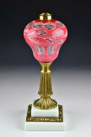 Boston Sandwich Glass Pink & White Double Cut Overlay Oil Lamp 19th Century 2