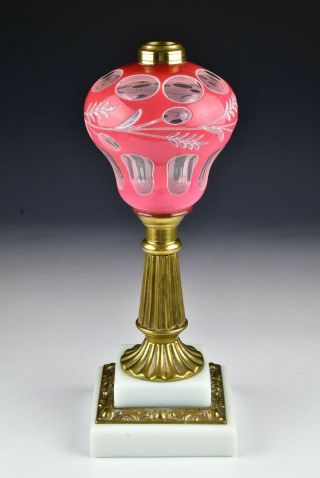 Boston Sandwich Glass Pink & White Double Cut Overlay Oil Lamp 19th Century 3