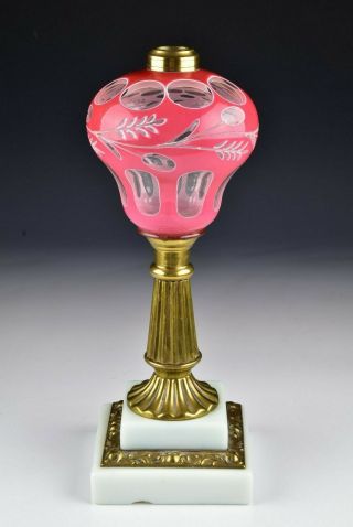 Boston Sandwich Glass Pink & White Double Cut Overlay Oil Lamp 19th Century 4