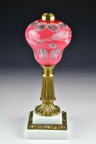 Boston Sandwich Glass Pink & White Double Cut Overlay Oil Lamp 19th Century 5