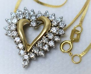 Vtg 14k Gold 1.  08ctw Diamond Heart Pendant 20 " Herringbone Chain 4.  8grm No Scrap