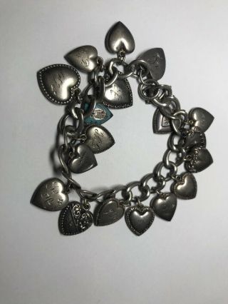 Antique Victorian Sterling Silver 925 Puffy Heart Charm Bracelet Enameled