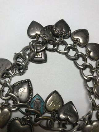 Antique Victorian Sterling Silver 925 Puffy Heart Charm Bracelet Enameled 4