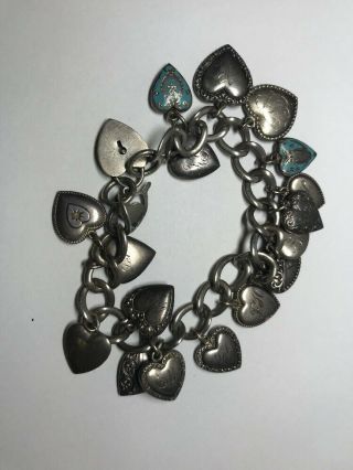 Antique Victorian Sterling Silver 925 Puffy Heart Charm Bracelet Enameled 6