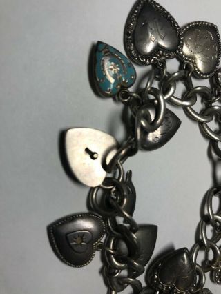 Antique Victorian Sterling Silver 925 Puffy Heart Charm Bracelet Enameled 7
