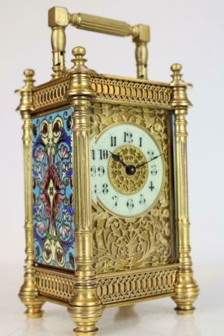Exquisite Antique French Carriage Clock Champleve Enamel & Filigree Dial
