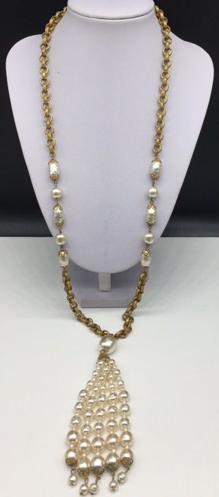 Vintage Miriam Haskell Faux Baroque Pearl Beaded Tassel Pendant Long Necklace
