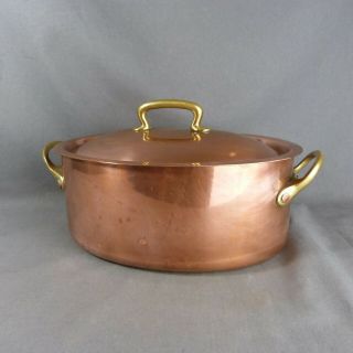 French Vintage Copper Oval Cooking Stock Pot Brass Handle With Lid