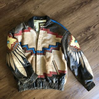 Vintage Geronimo Leather Native American Indian Feather Bomber Jacket Large