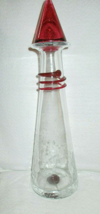 Rare Vintage Kosta Boda Art Crystal Clear Decanter Crackle Glass Red Top Signed