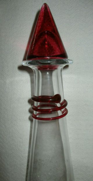 RARE Vintage KOSTA BODA Art Crystal Clear DECANTER Crackle Glass Red Top Signed 3