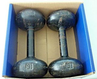 2 X 15 Lb Vintage Rare Antique York Round - Head Dumbbell Weights (30 Lb Total)